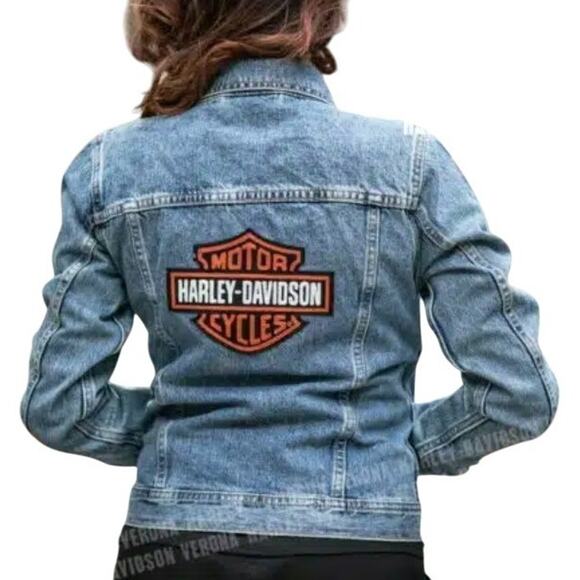 Harley Davidson Motor Clothes Denim Jacket Women's Large Blue Embroidered Patch - Picture 2 of 11